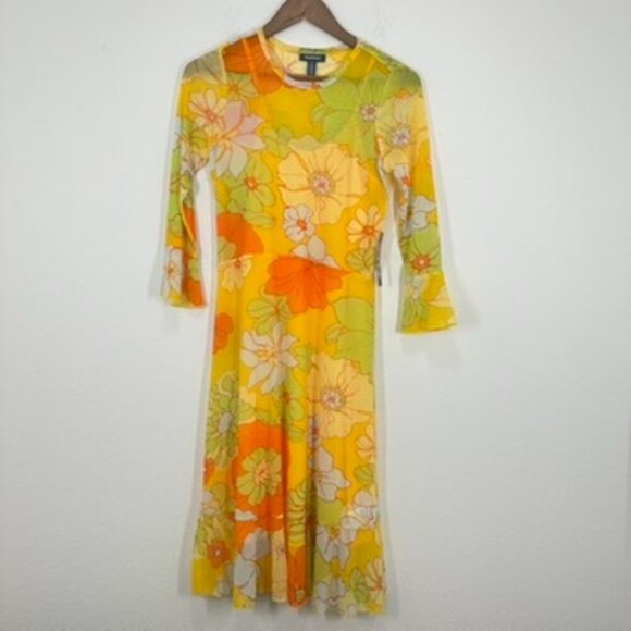 Modcloth Retro Tropicana Isle Mesh Midi Dress Yellow Orange 70s Womens Small NWT - Picture 1 of 9